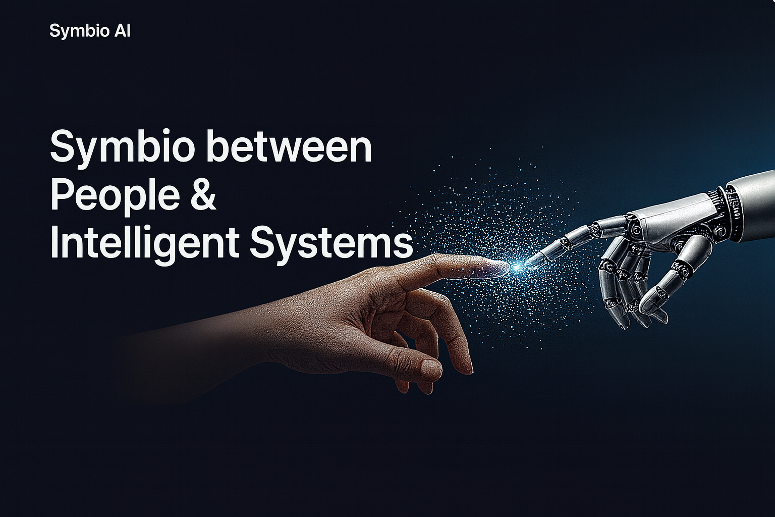 Professional hero image — clean dark gradient with human & robotic hands contact focus, no UI overlays